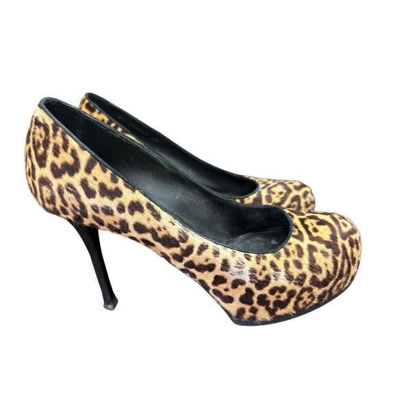 Saint Laurent Paris Beige/Brown Leopard Print Pony Hair Tribtoo Platform Pumps S - Picture 2 of 7